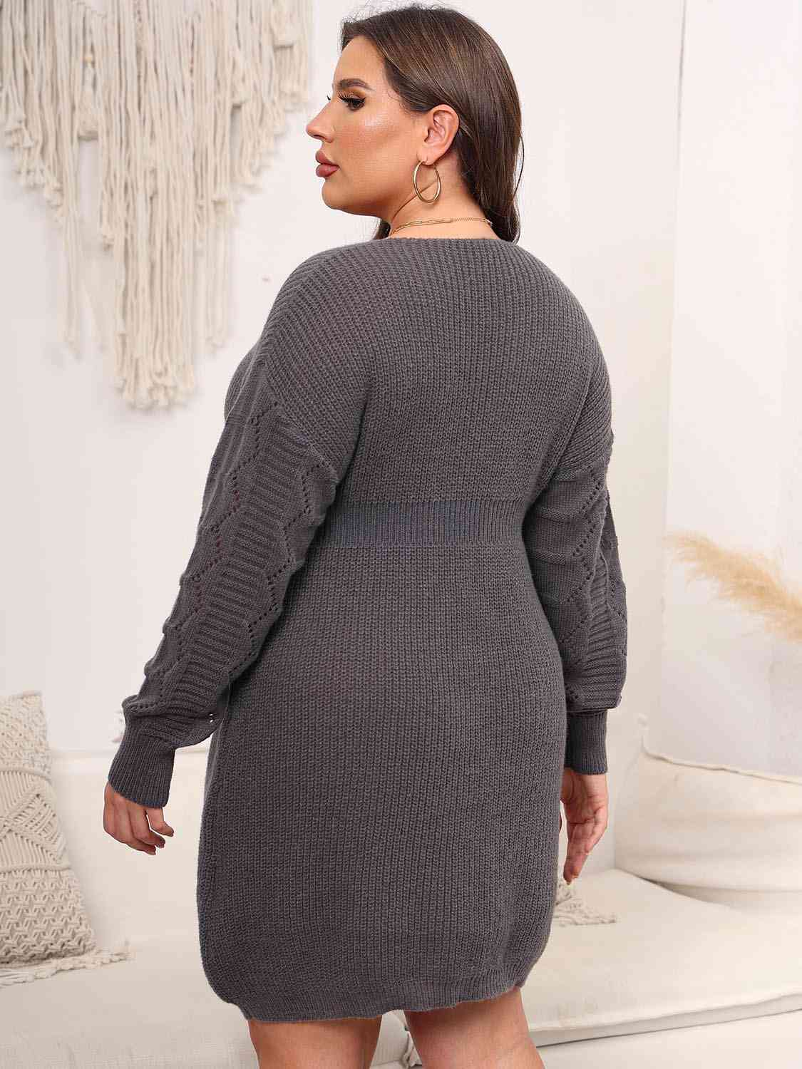 Dark Slate Gray Plus Size Dropped Shoulder Long Sleeve Knit Mini Dress Plus Size Clothes