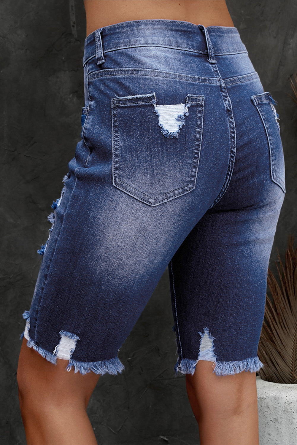 Dark Slate Gray Distressed Frayed Hem Denim Bermuda Shorts