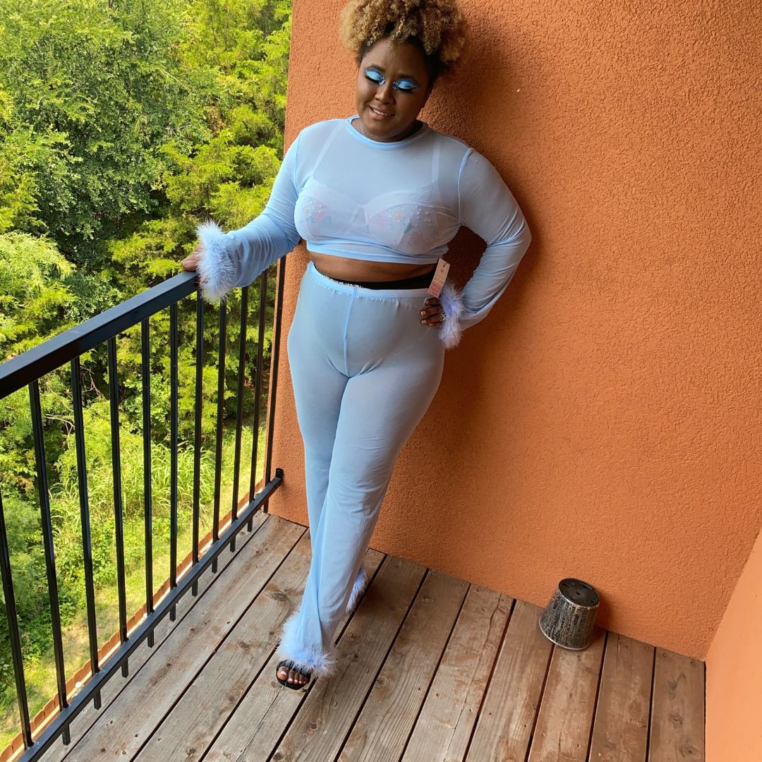 Sienna Jamilia Mesh Set With Feather Trim In Baby Blue Outfit Sets