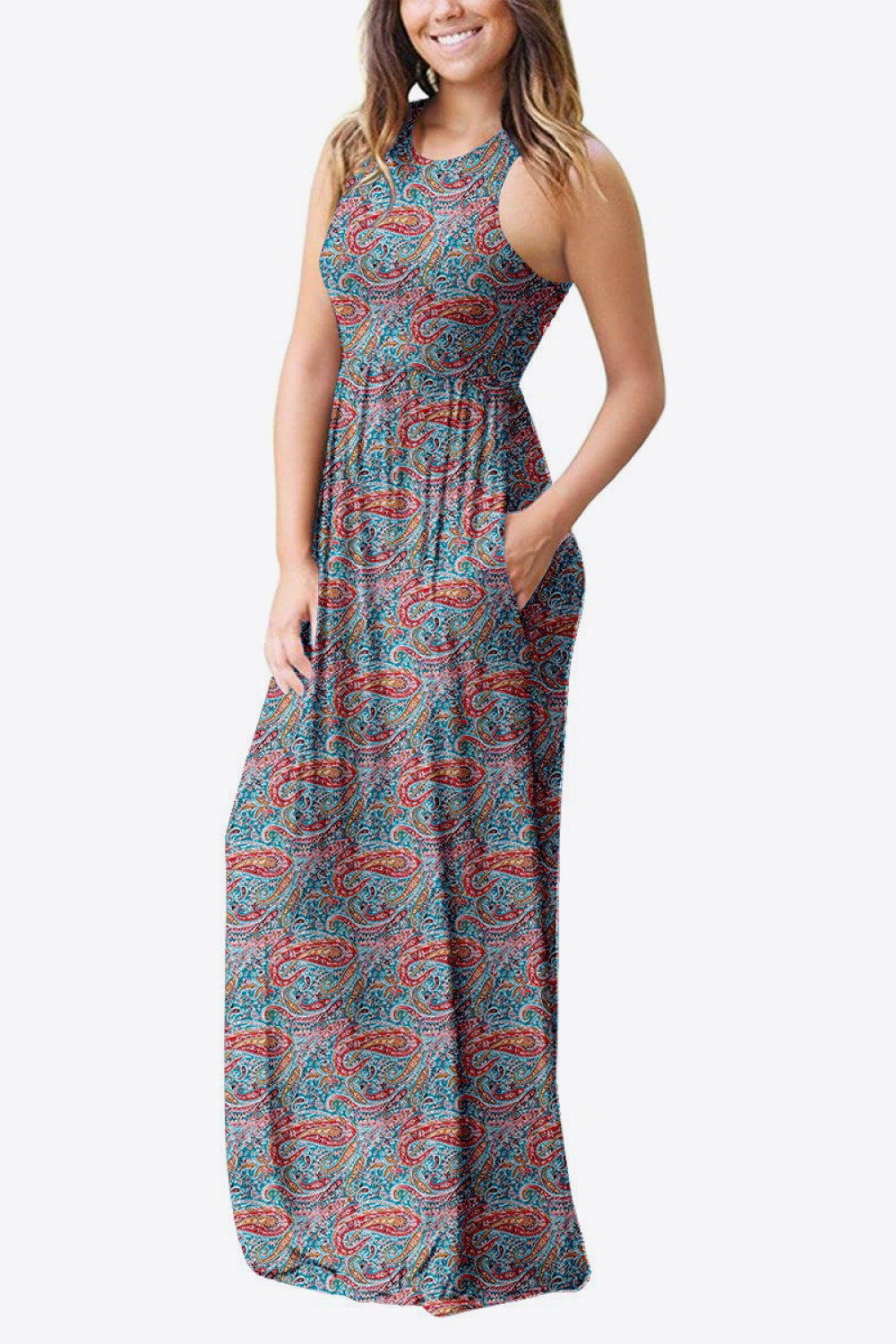 Dark Slate Gray Empire Waist Sleeveless Dress with Pockets