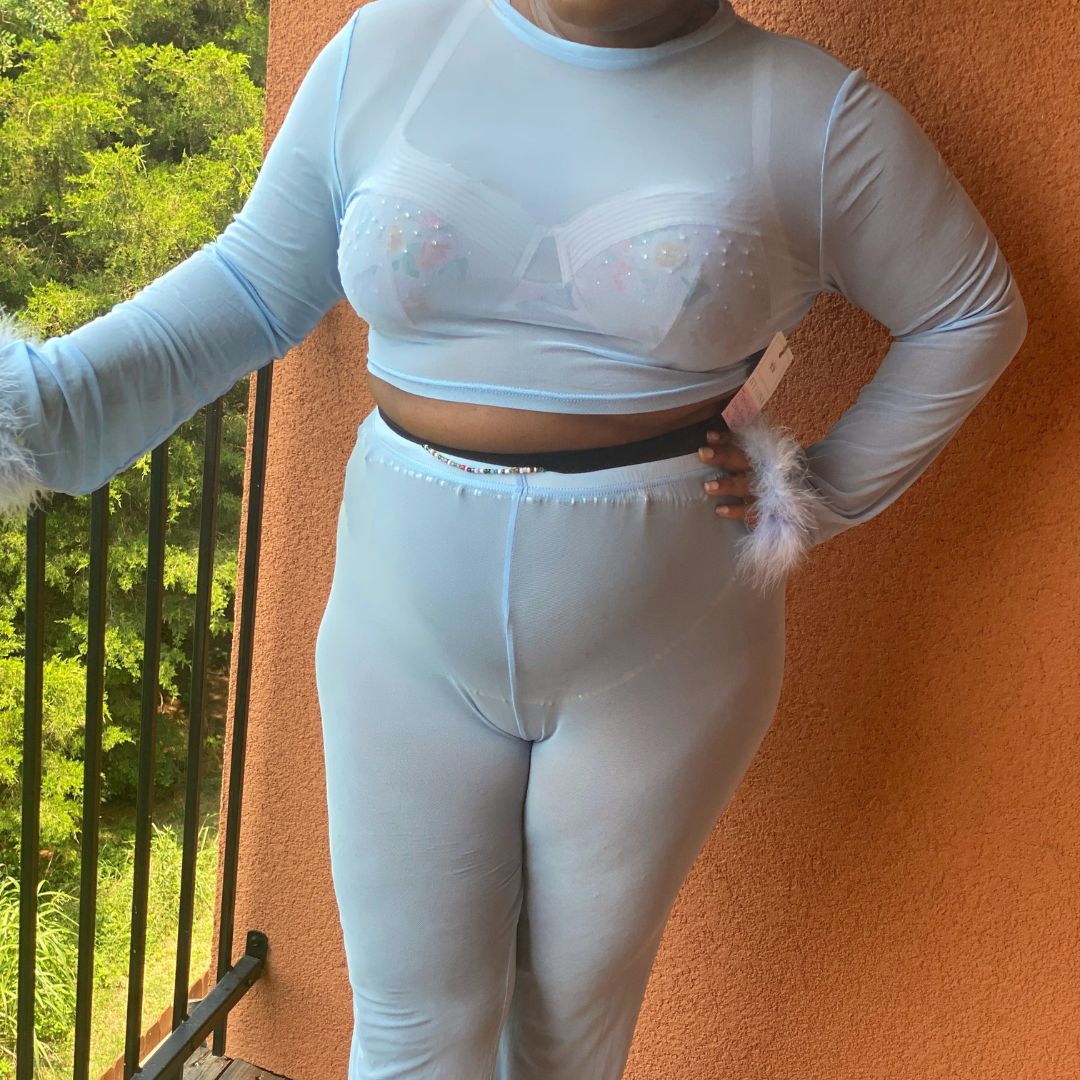 Dark Olive Green Jamilia Mesh Set With Feather Trim In Baby Blue Outfit Sets