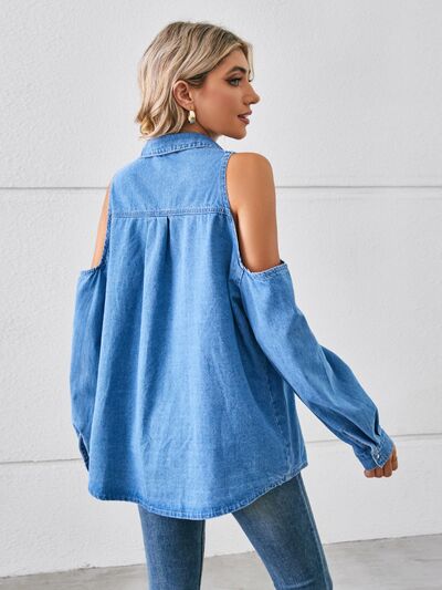 Dark Slate Blue Cold Shoulder Pocketed Button Up Denim Jacket Denim