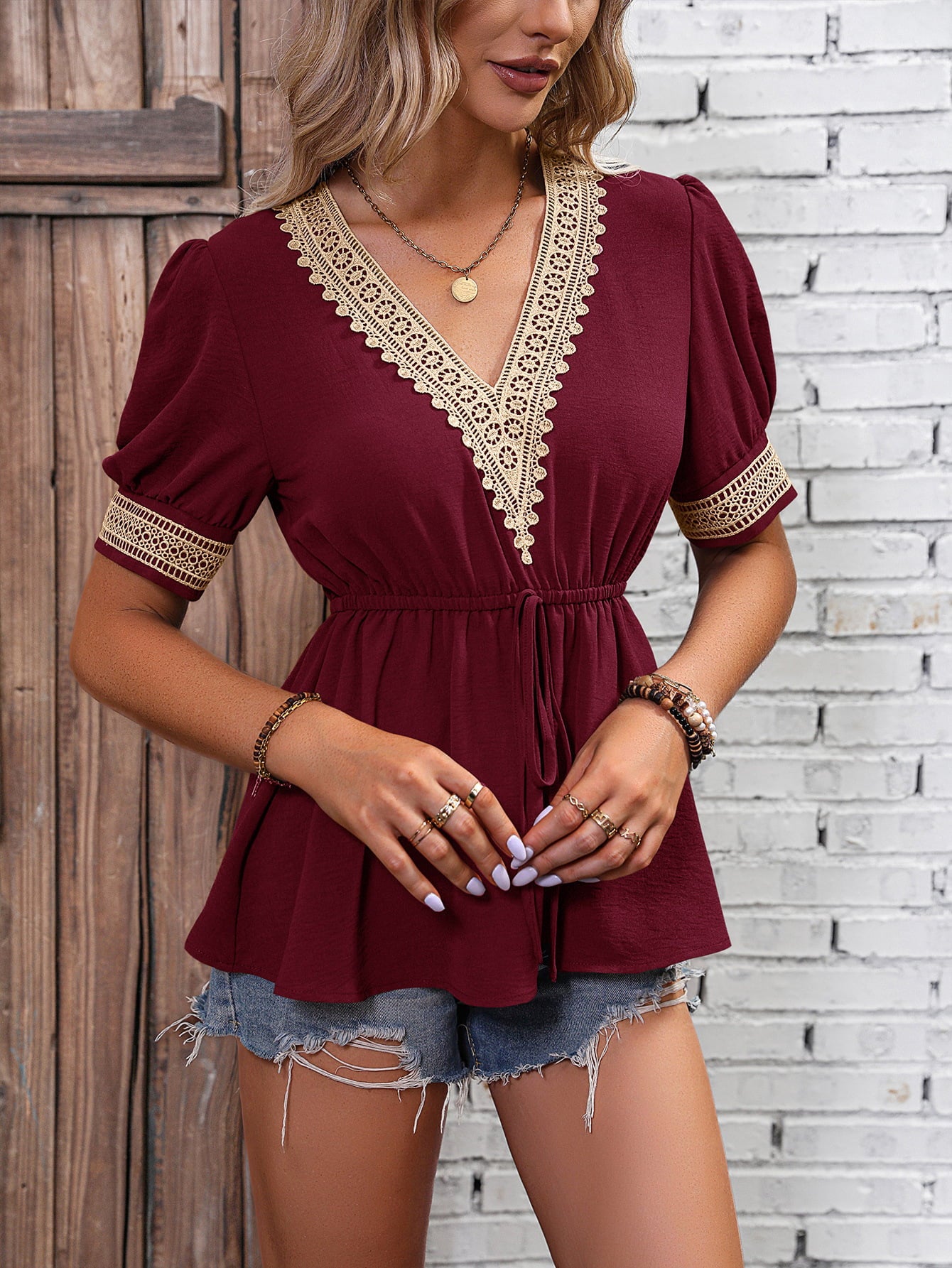 Sienna Contrast V-Neck Babydoll Top Tops