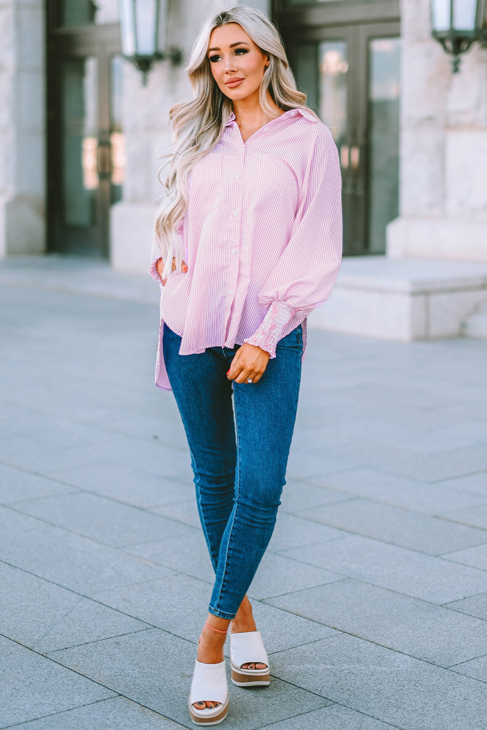 Gray Striped Lantern Sleeve Collared Shirt Tops