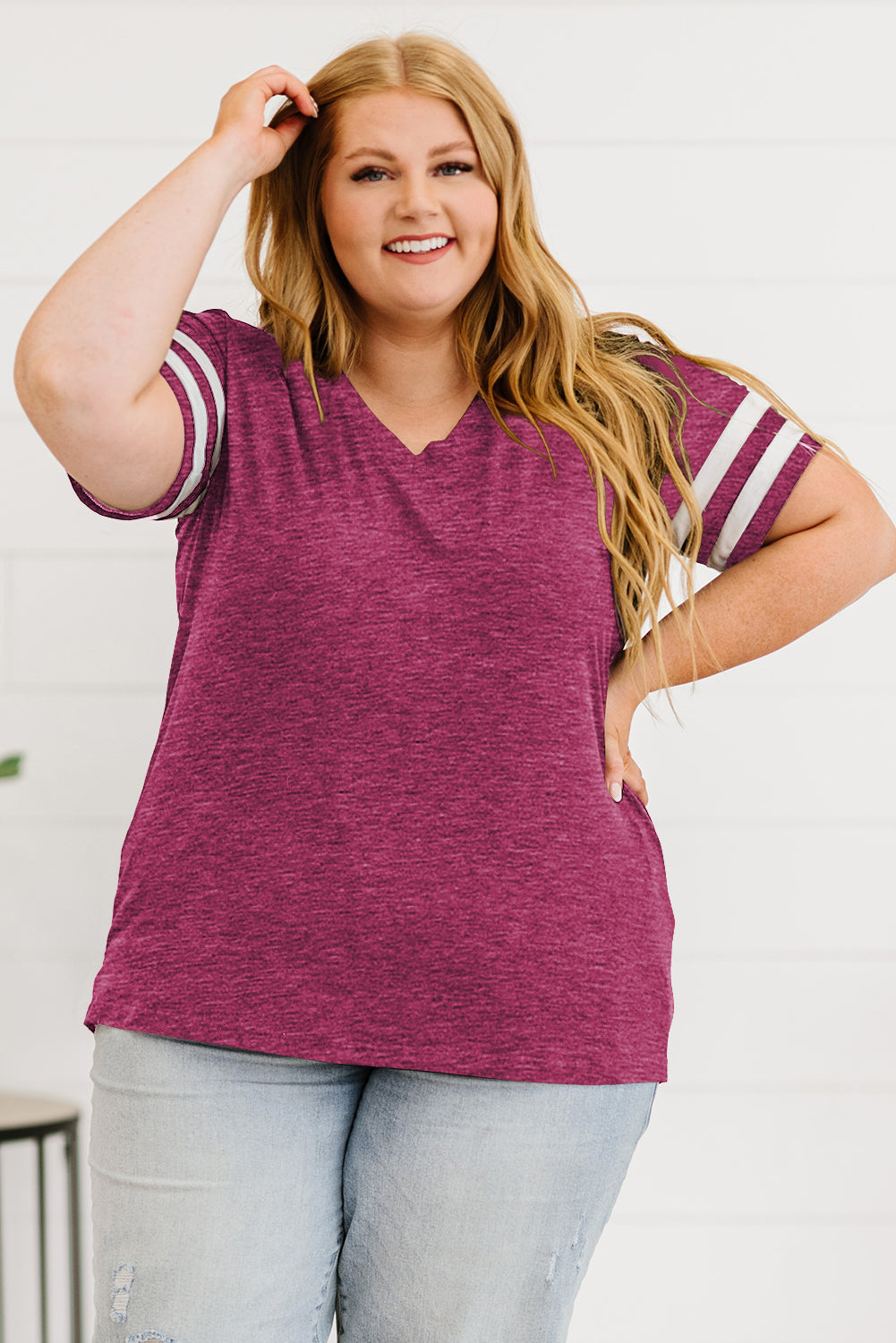 Light Gray Plus Size Striped V-Neck Tee Shirt Plus Size Clothes