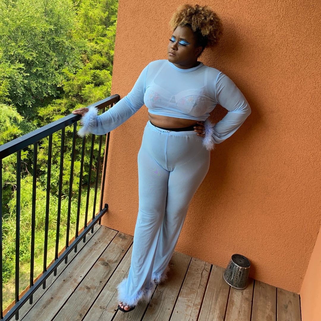 Sienna Jamilia Mesh Set With Feather Trim In Baby Blue Outfit Sets