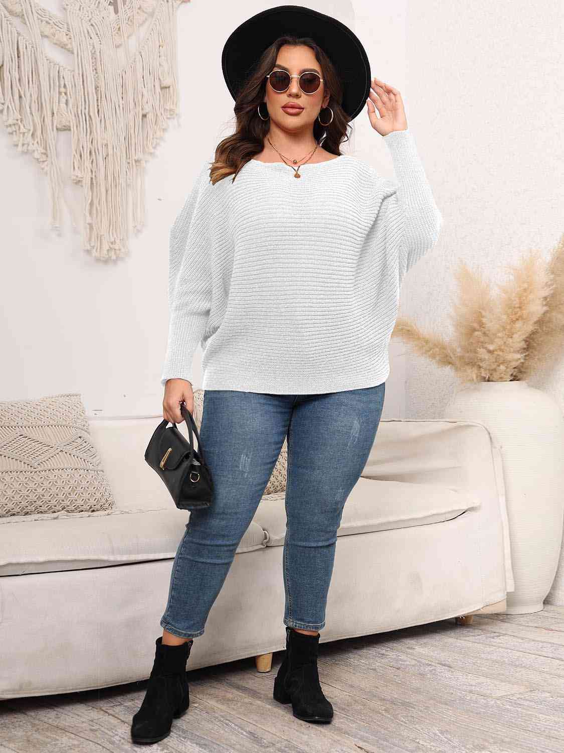Light Gray Full Size Boat Neck Batwing Sleeve Sweater Plus Size Clothes