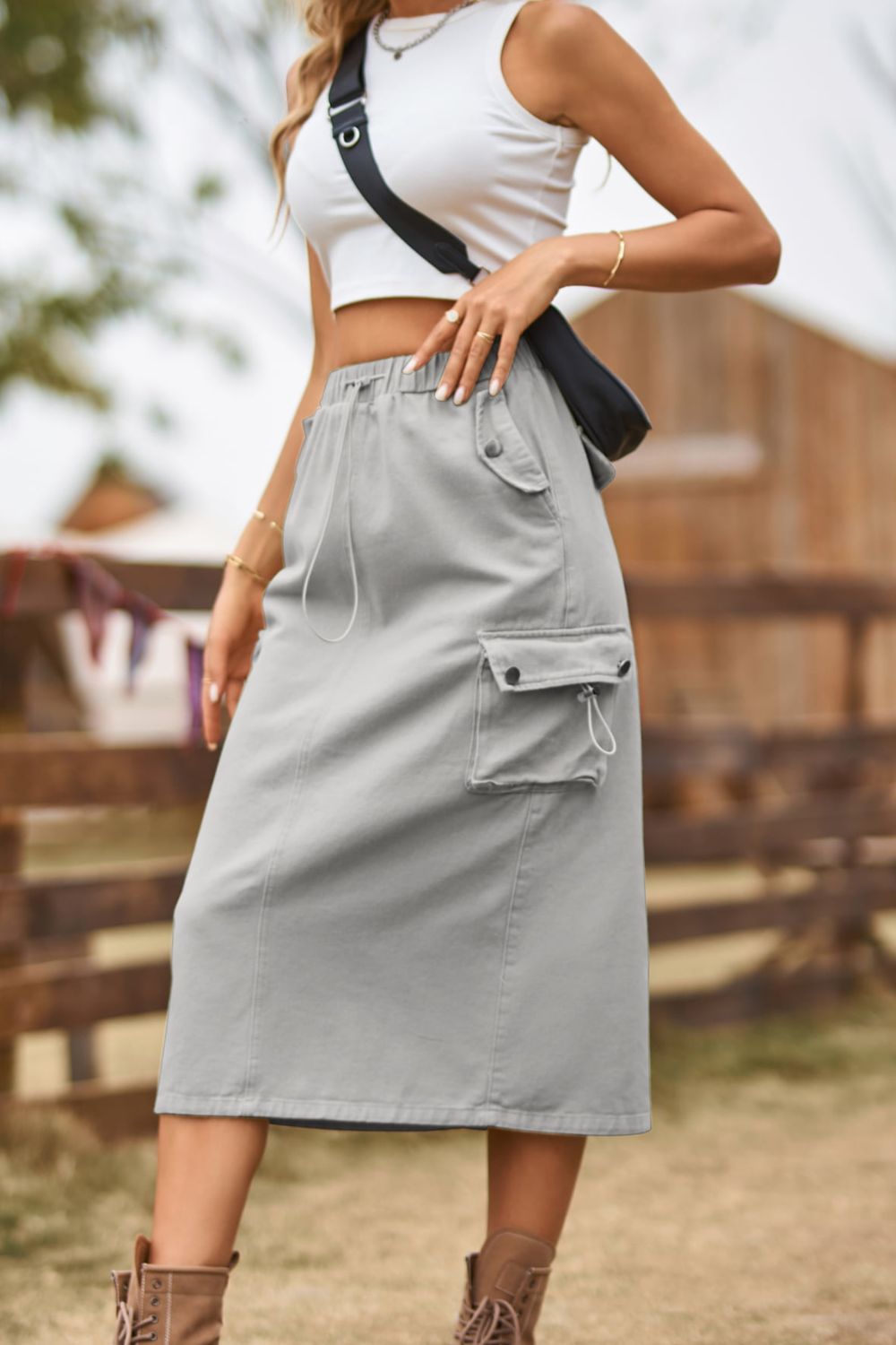Rosy Brown Drawstring Waist Slit Denim Skirt Denim