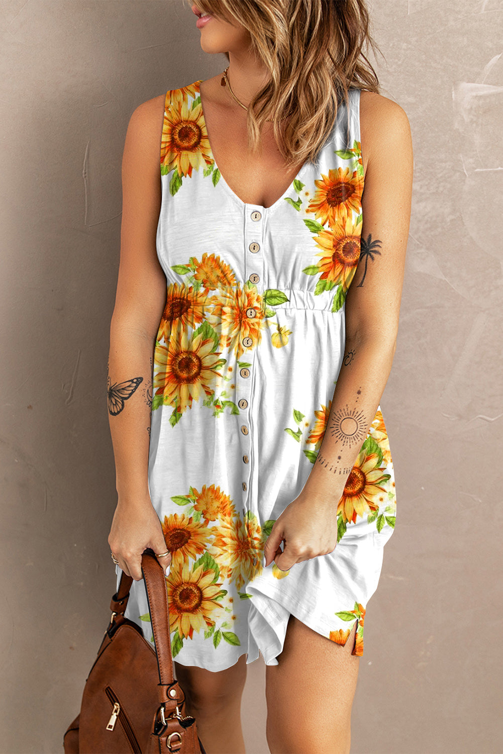 Rosy Brown Sunflower Print Magic Button Down Sleeveless Dress Dresses