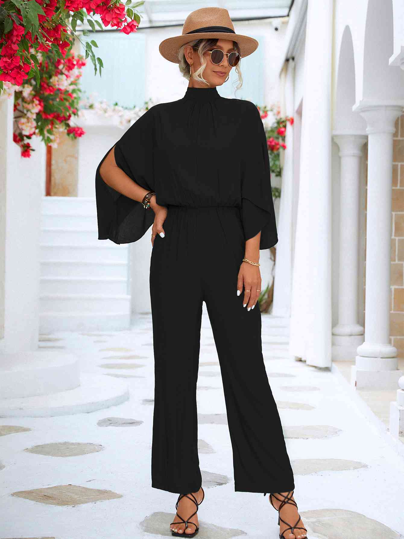 Black Tie Back Mock Neck Split Sleeve Jumpsuit Clothes