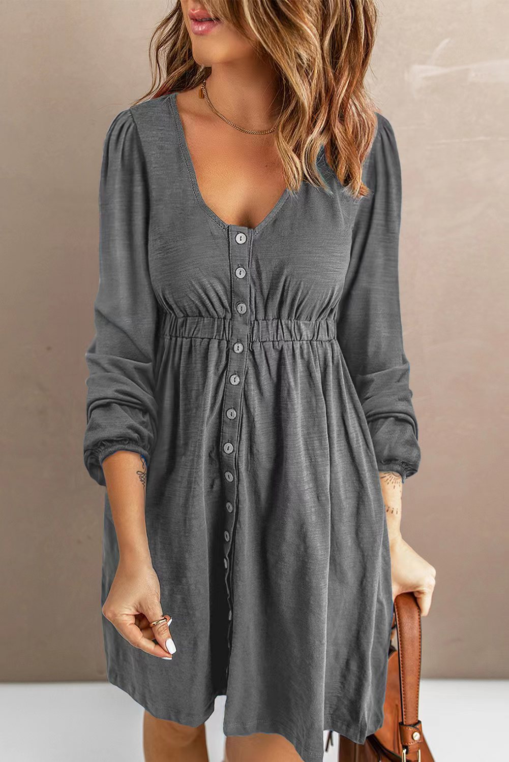 Dim Gray The Magic Dress Scoop Neck Empire Waist Long Sleeve Mini Dress Casual Dresses
