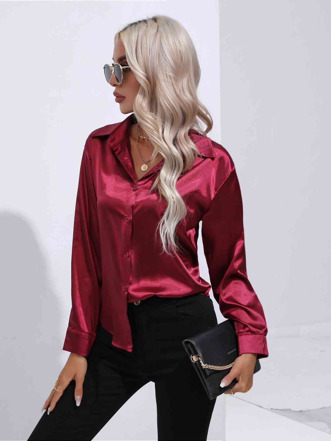 Black Modern Times Collared Neck Buttoned Long Sleeve Shirt Satin Tops