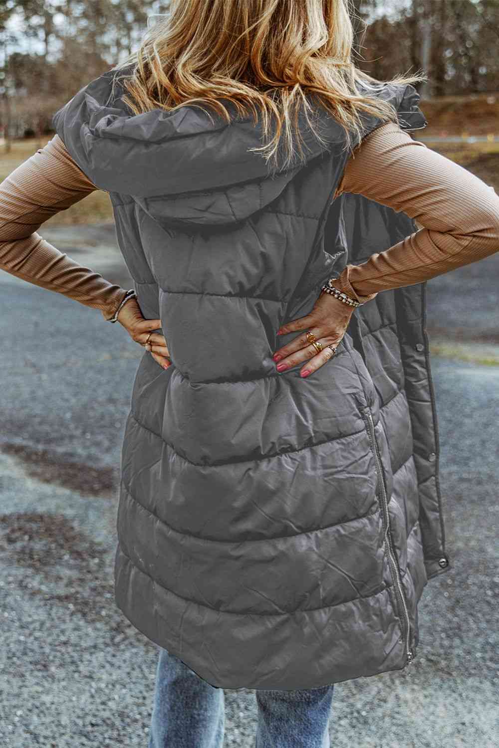 Dim Gray Longline Hooded Sleeveless Puffer Vest VEST