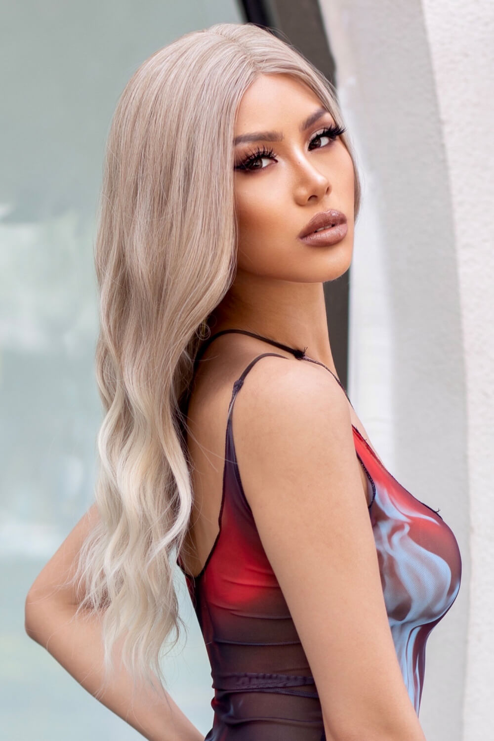 Gray Summer 13*2" Lace Front Wigs Synthetic Long Wave 24" 150% Density in Medium Blonde Highlights Wigs
