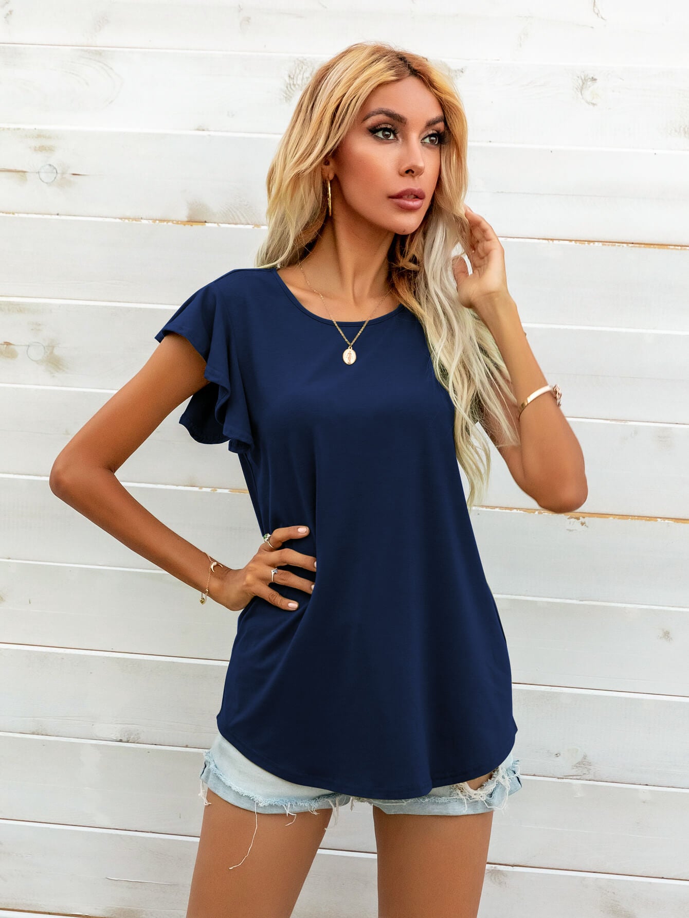 Light Gray Round Neck Butterfly Sleeve Top Tops