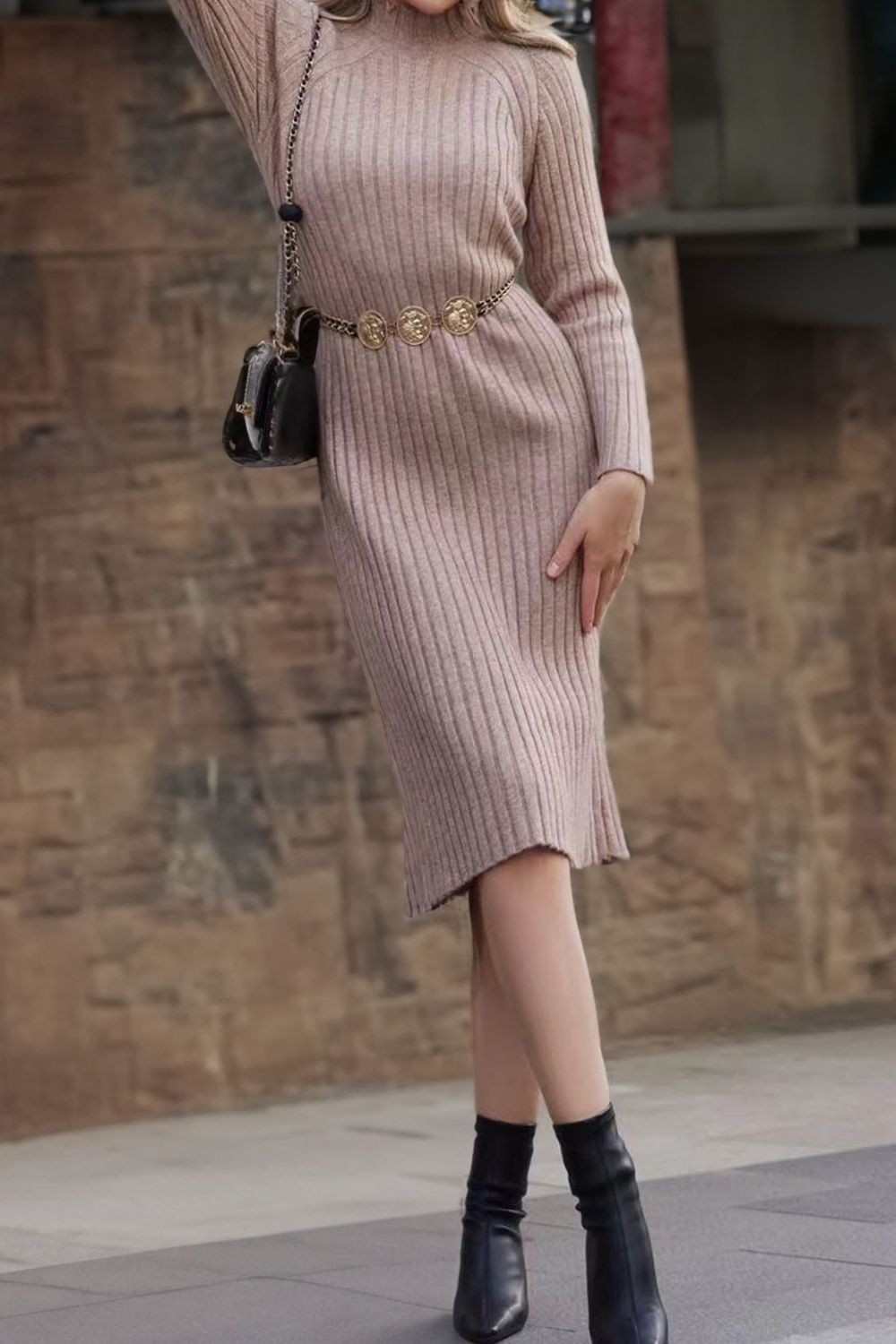 Dim Gray Ribbed Mock Neck Sweater Dress