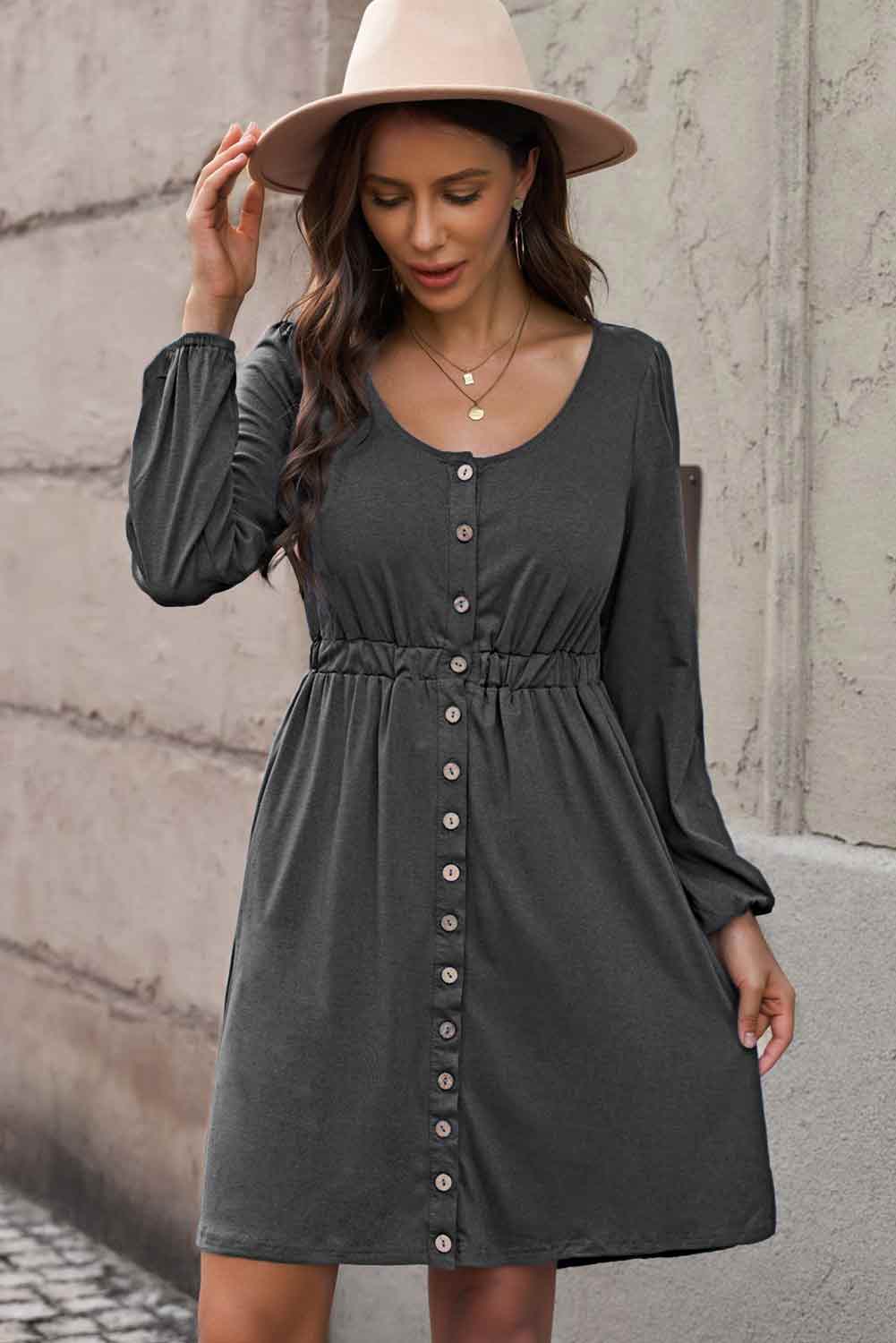 Dark Gray The Magic Dress Scoop Neck Empire Waist Long Sleeve Mini Dress Casual Dresses