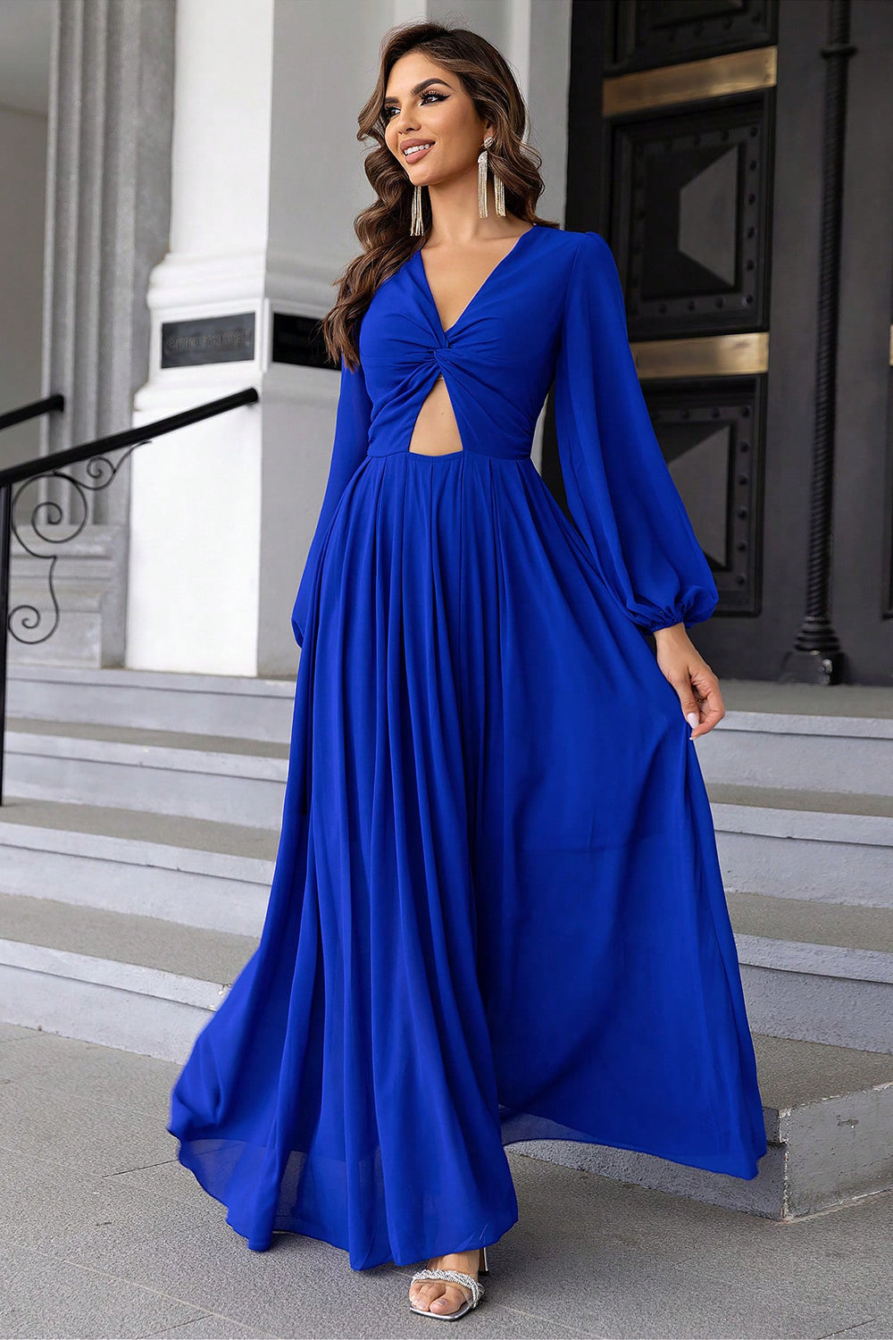 Dark Slate Blue Twist Front Cutout Long Sleeve Dress Formalwear