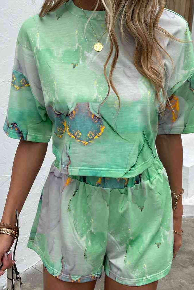Dark Sea Green Printed Round Neck Dropped Shoulder Half Sleeve Top and Shorts Set Loungewear