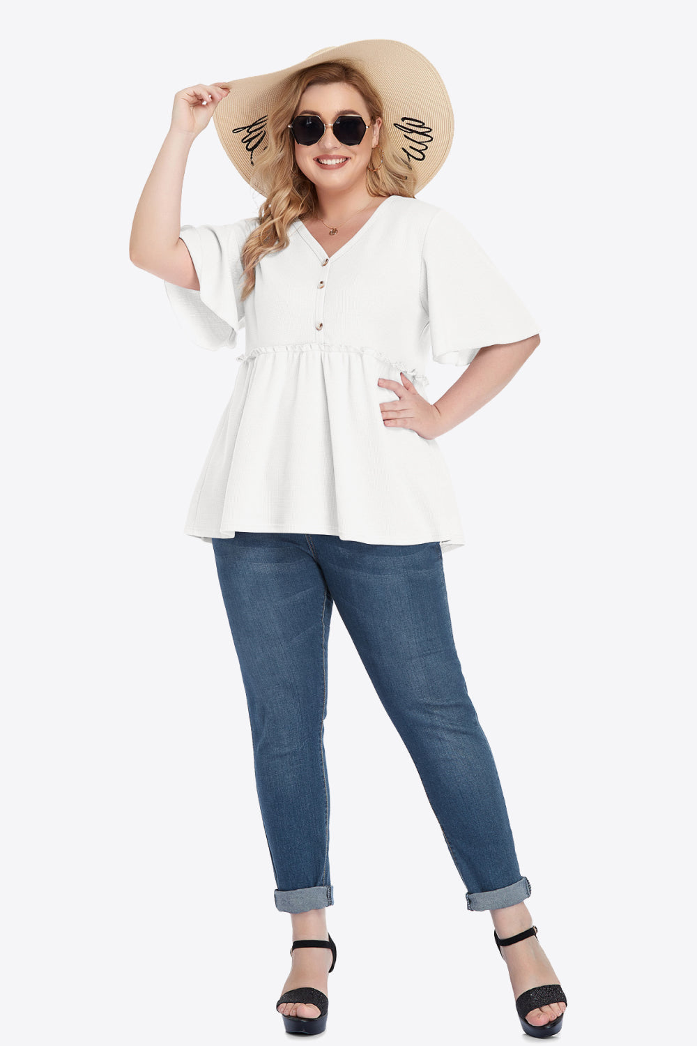 White Smoke Plus Size Buttoned V-Neck Frill Trim Babydoll Blouse Tops