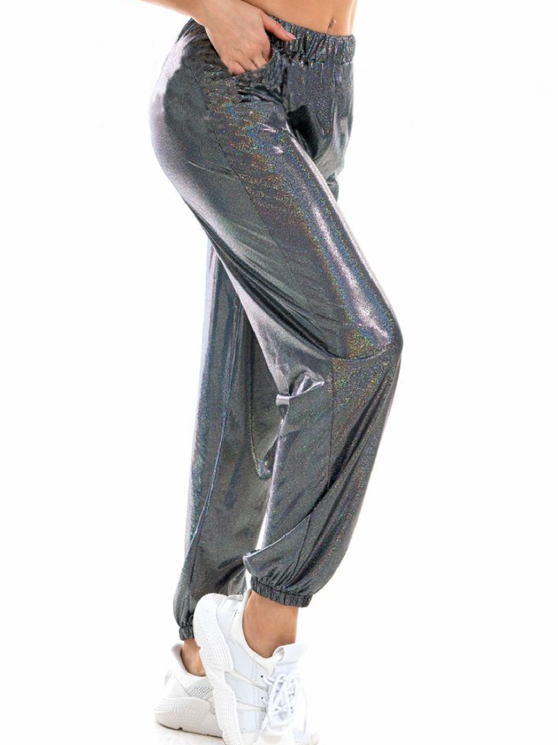 Dim Gray Golden Days Glitter Elastic Waist Pants with Pockets Pants