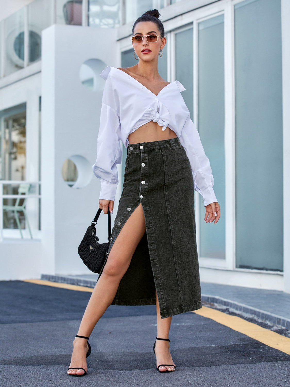 Gray Wifey Button Down Denim Midi Skirt Denim Skirt