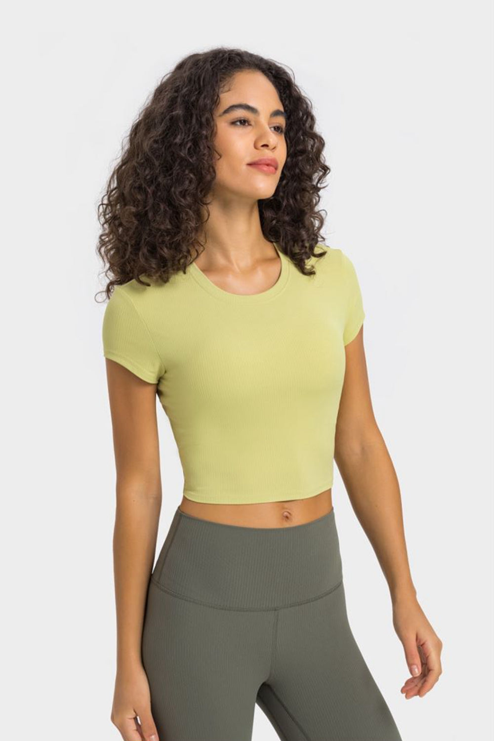 Dark Olive Green Round Neck Short Sleeve Cropped Sports T-Shirt activewear