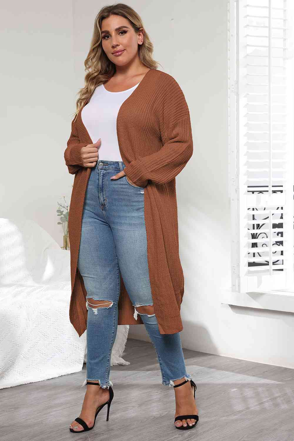 Light Gray Plus Size Open Front Long Sleeve Cardigan Plus Size Clothes