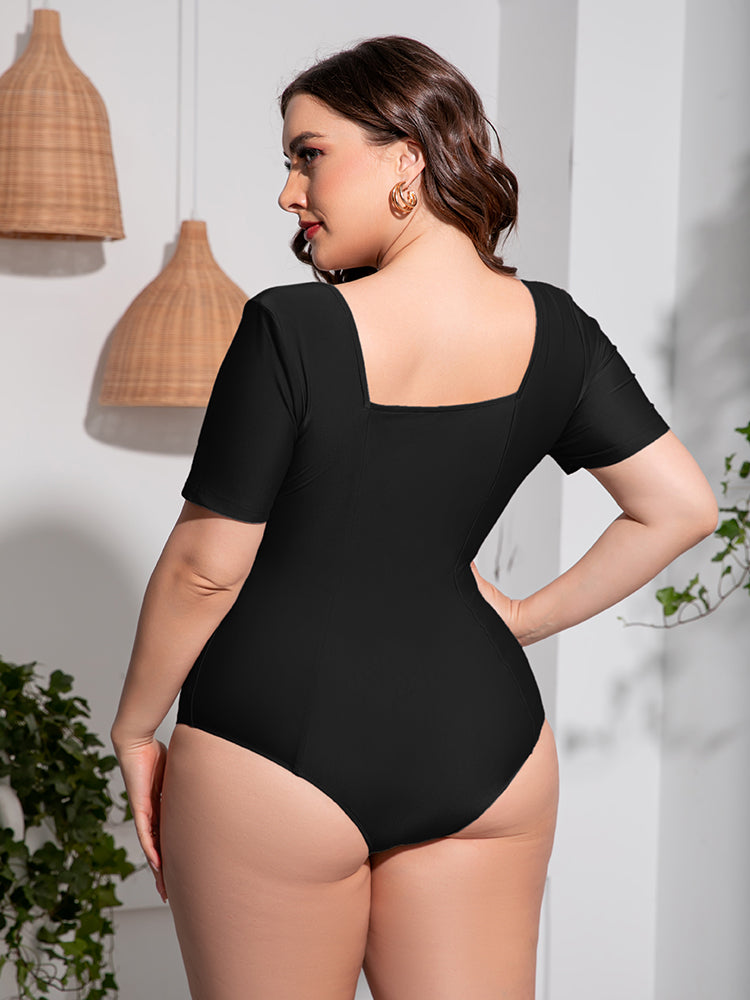 Gray Plus Size Scoop Neck Short Sleeve One-Piece Swimsuit Plus Size Clothes