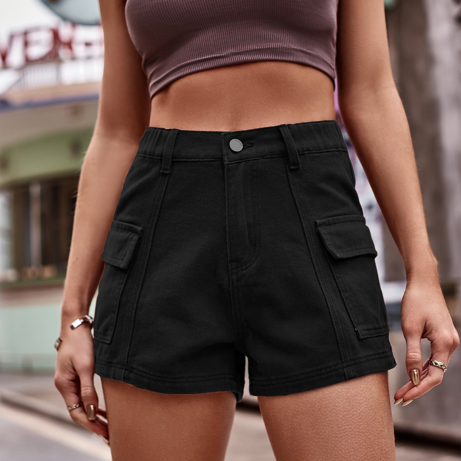 Dark Slate Gray High-Waist Denim Shorts with Pockets Denim