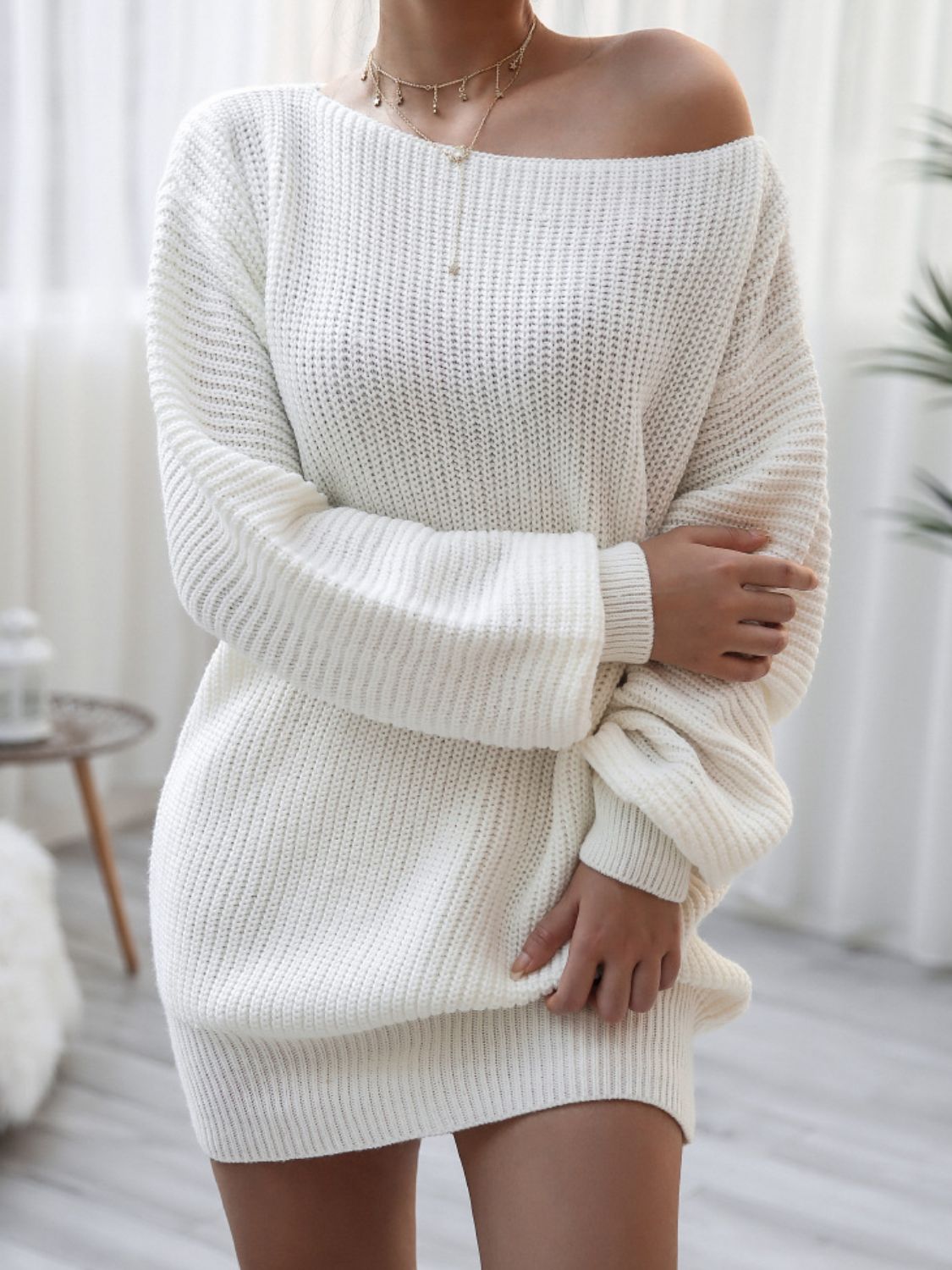 Gray Rib-Knit Balloon Sleeve Boat Neck Sweater Dress Dresses