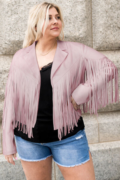 Gray Plus Size Fringe Open Front Jacket Plus Size Clothing