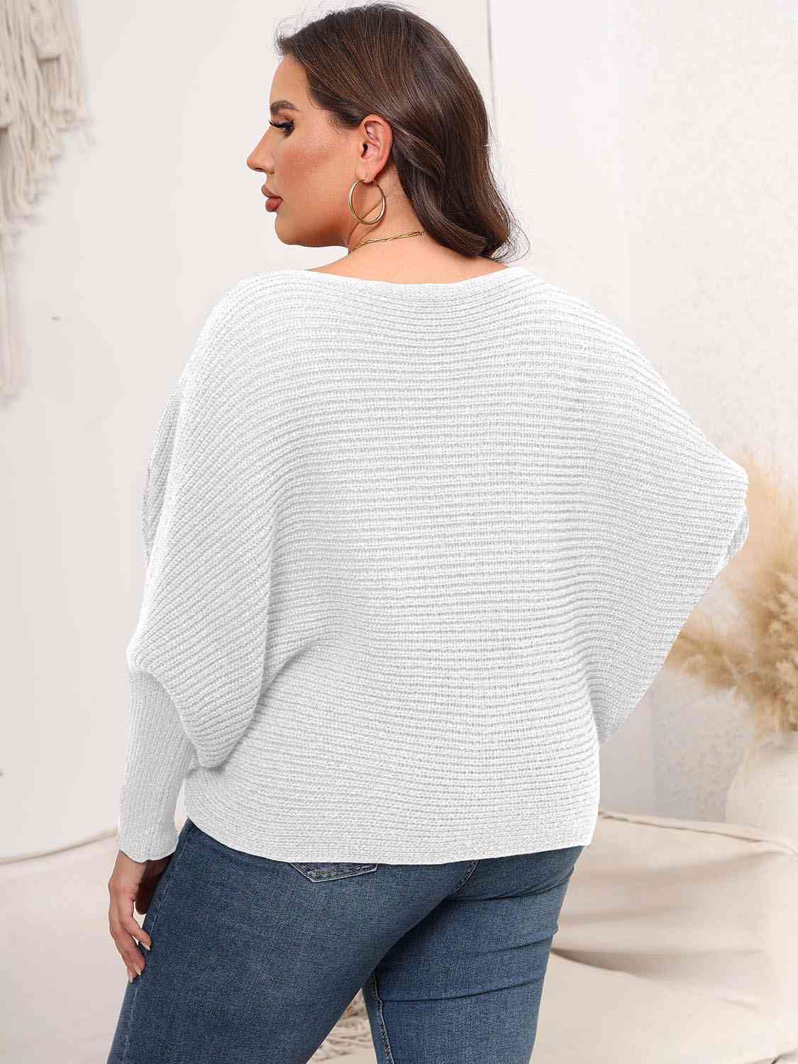 Light Gray Full Size Boat Neck Batwing Sleeve Sweater Plus Size Clothes