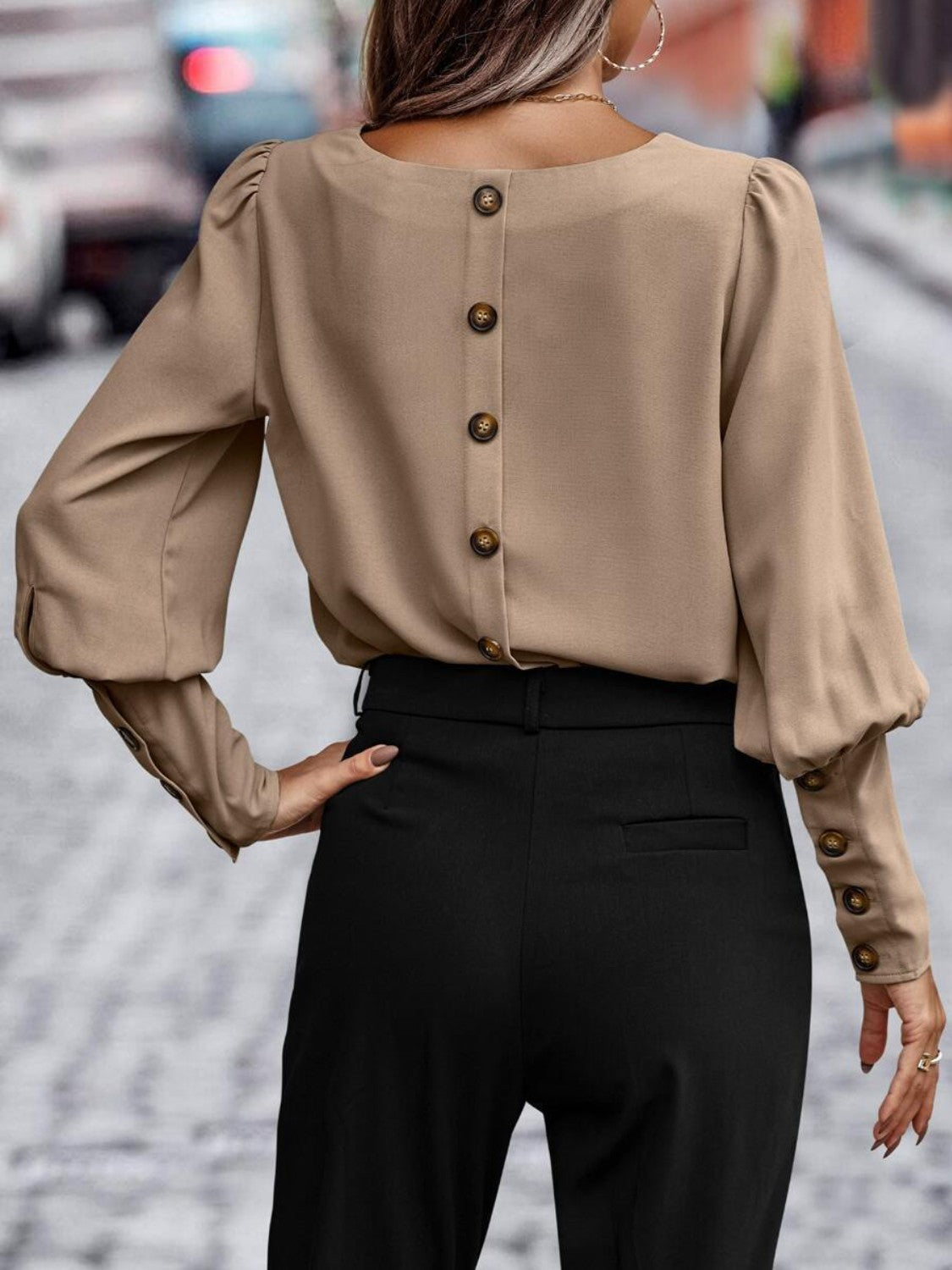 Rosy Brown Round Neck Lantern Sleeve Blouse