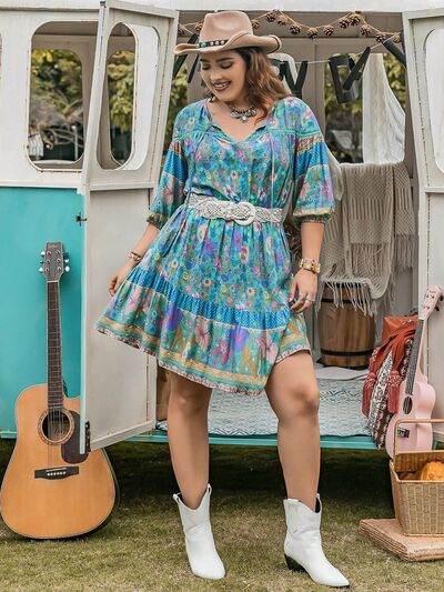 Rosy Brown Plus Size Printed Tie Neck Mini Dress Plus Size Clothing