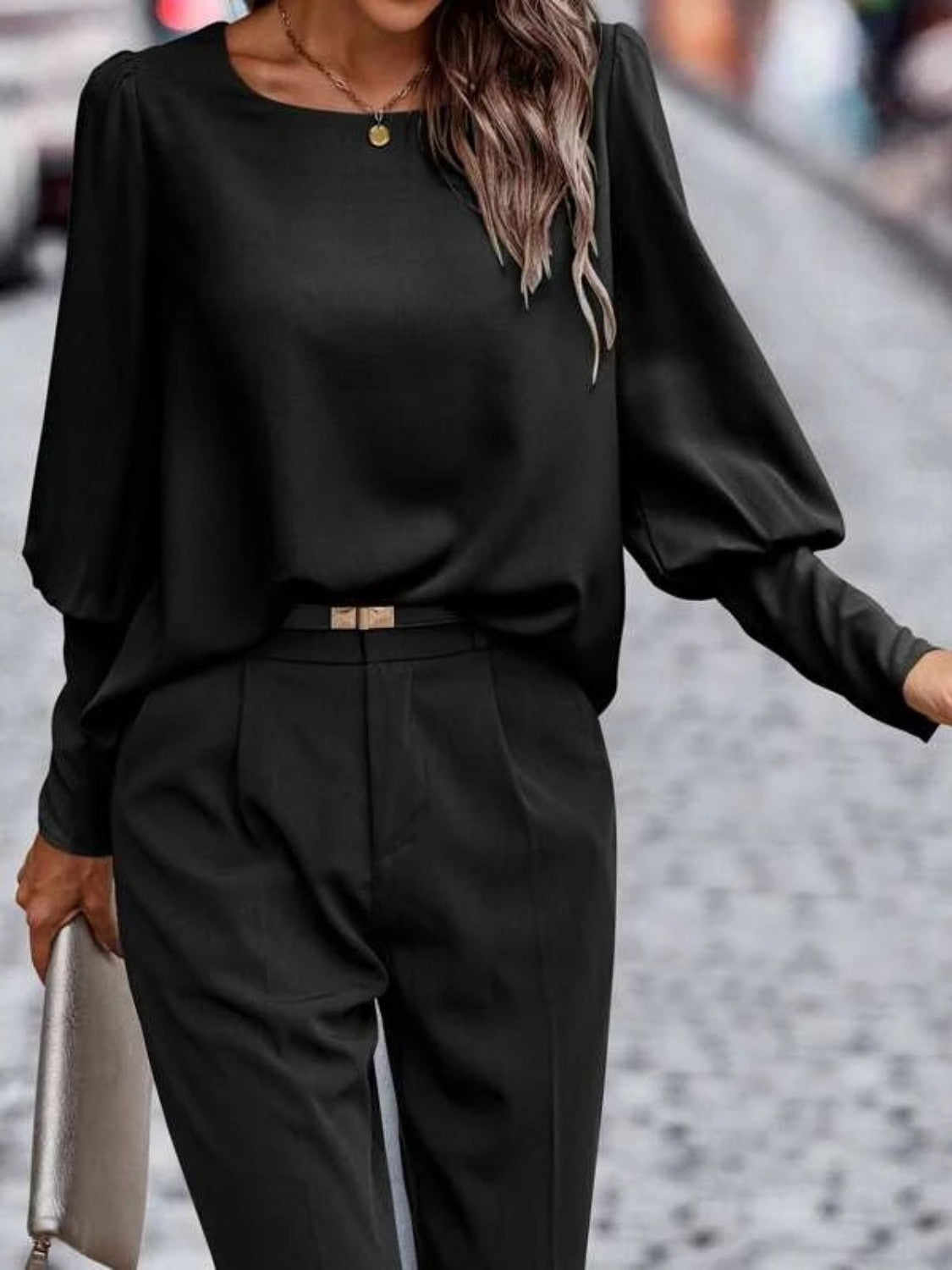 Black Round Neck Lantern Sleeve Blouse