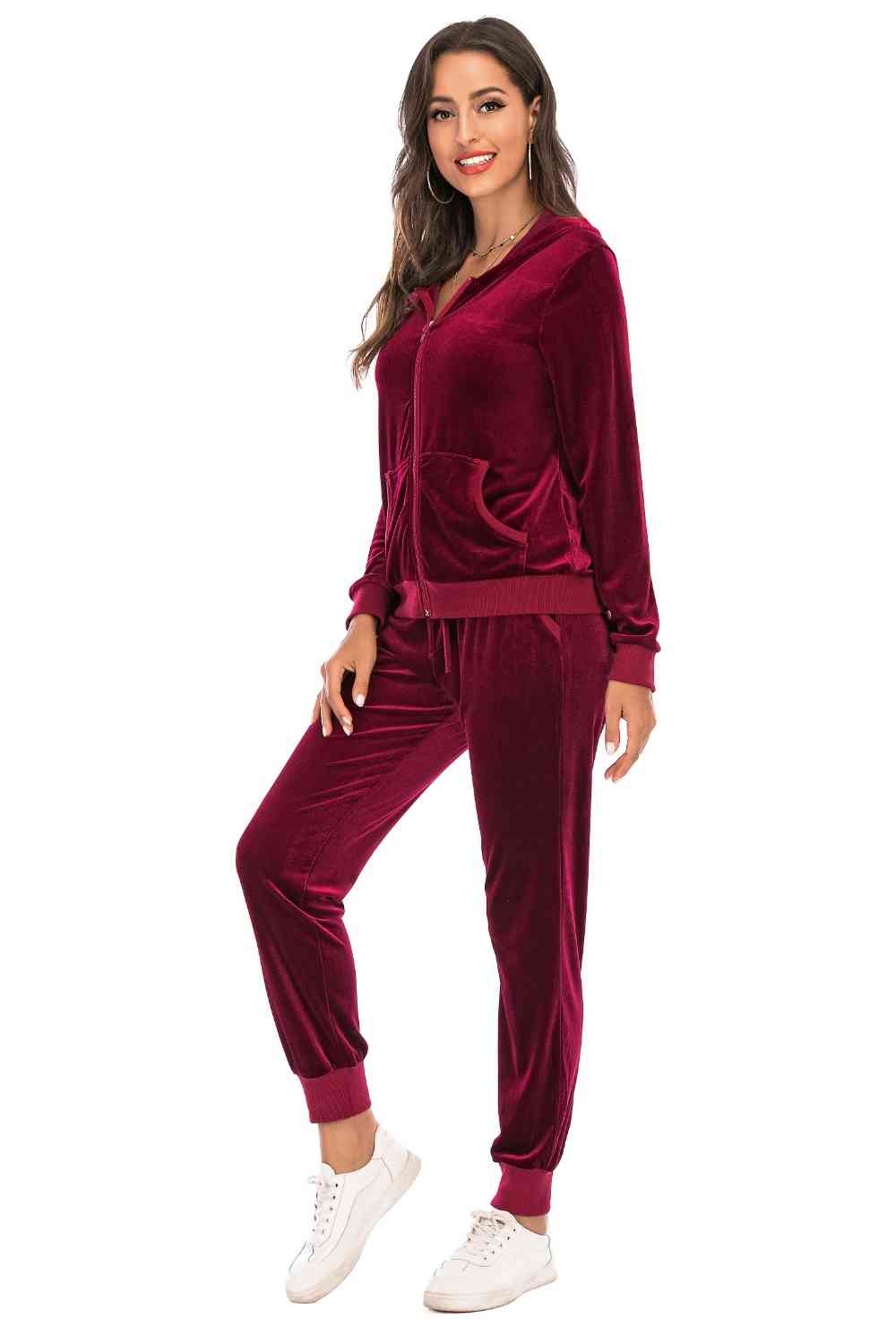 Dark Red Zip-Up Hooded Jacket and Pants Set New Year Looks