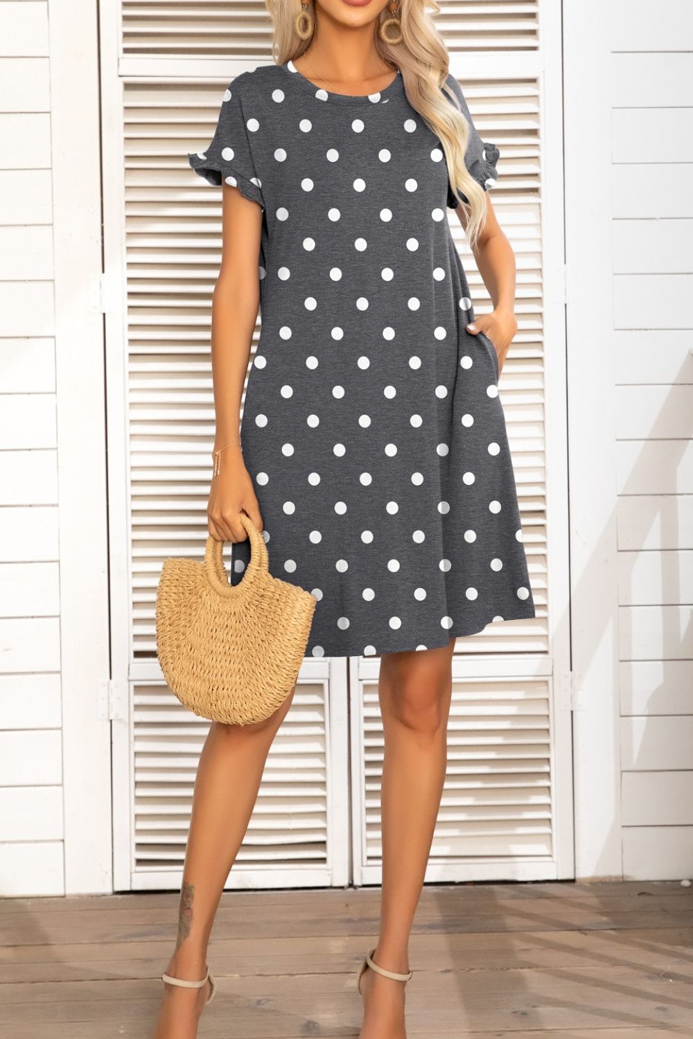 Light Gray Flounce Sleeve Round Neck Dress with Pockets