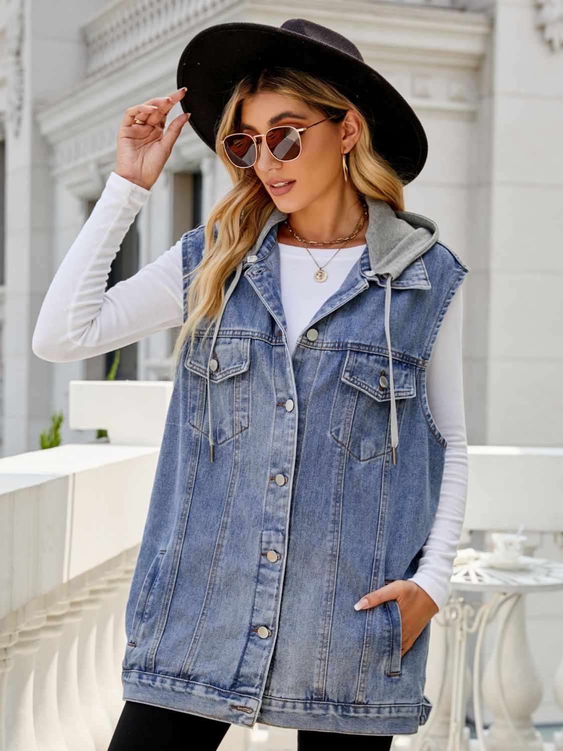 Gray Drawstring Hooded Sleeveless Denim Top with Pockets Denim
