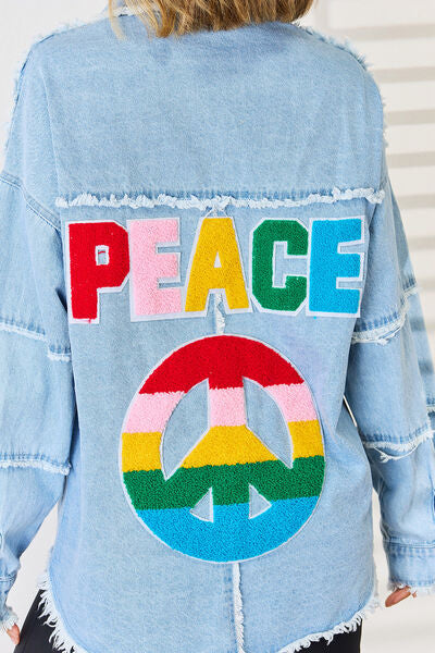 Light Steel Blue PEACE Raw Hem Dropped Shoulder Denim Top Denim