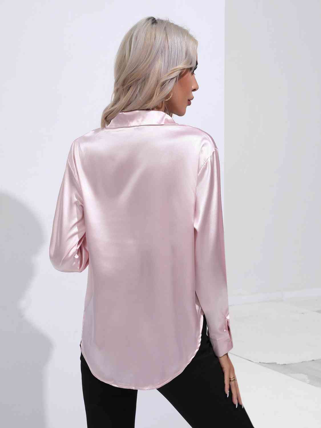 Light Gray Modern Times Collared Neck Buttoned Long Sleeve Shirt Satin Tops