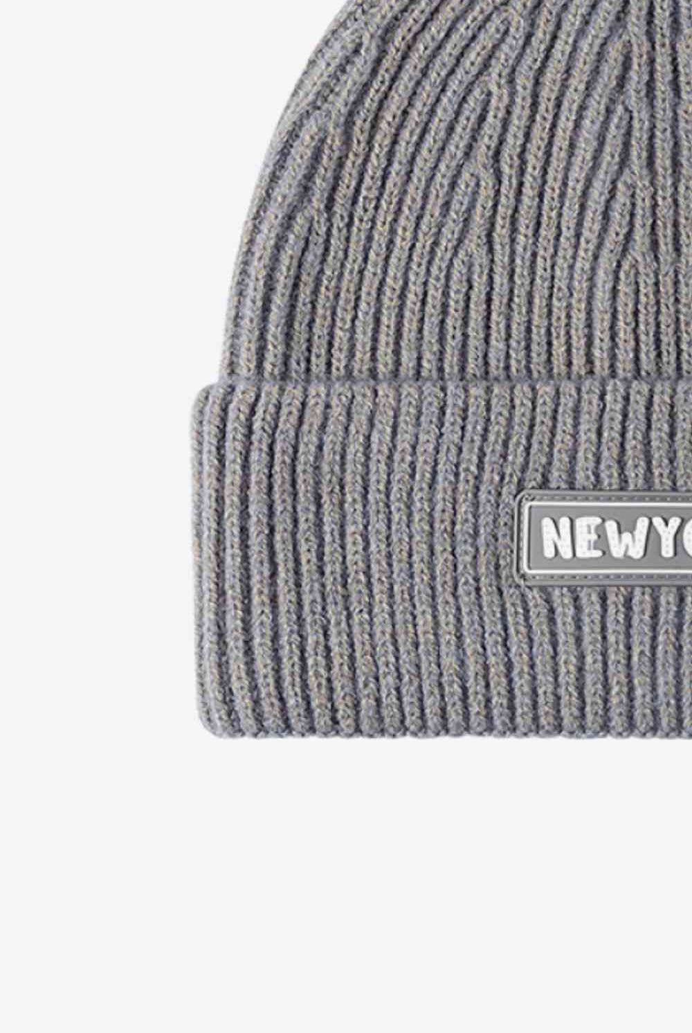 Dim Gray NEWYORK Patch Rib-Knit Cuffed Beanie Winter Accessories