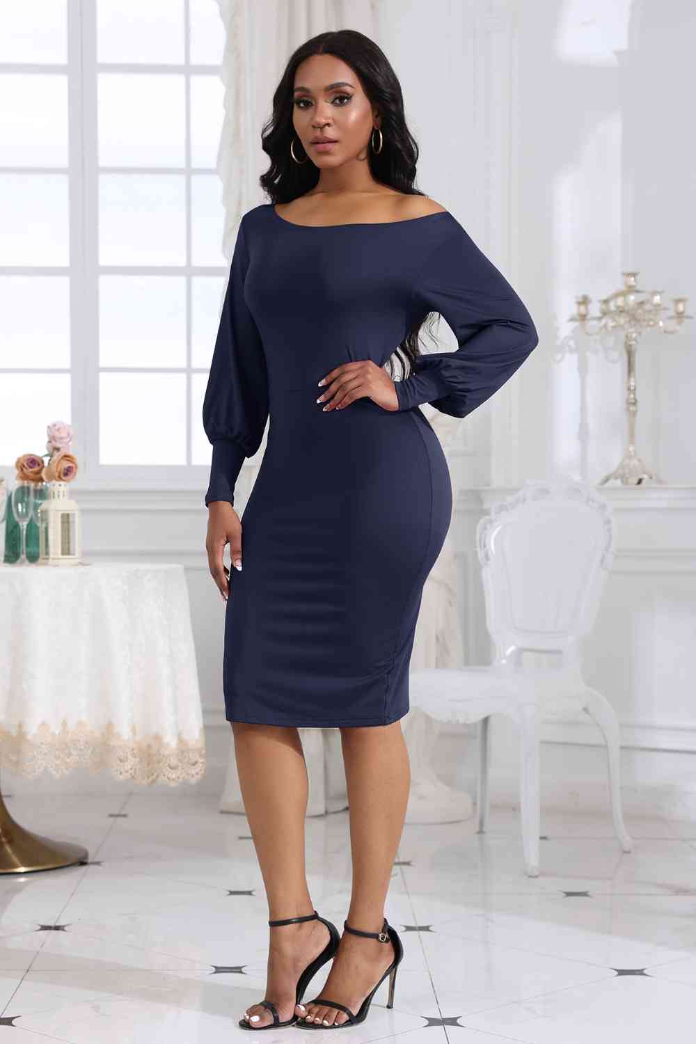 Light Gray Boat Neck Lantern Sleeve Dress Holiday