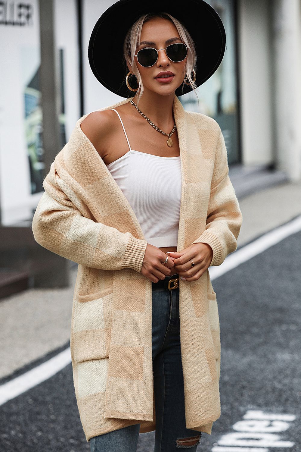 Gray Plaid Dropped Shoulder Cardigan with Pocket