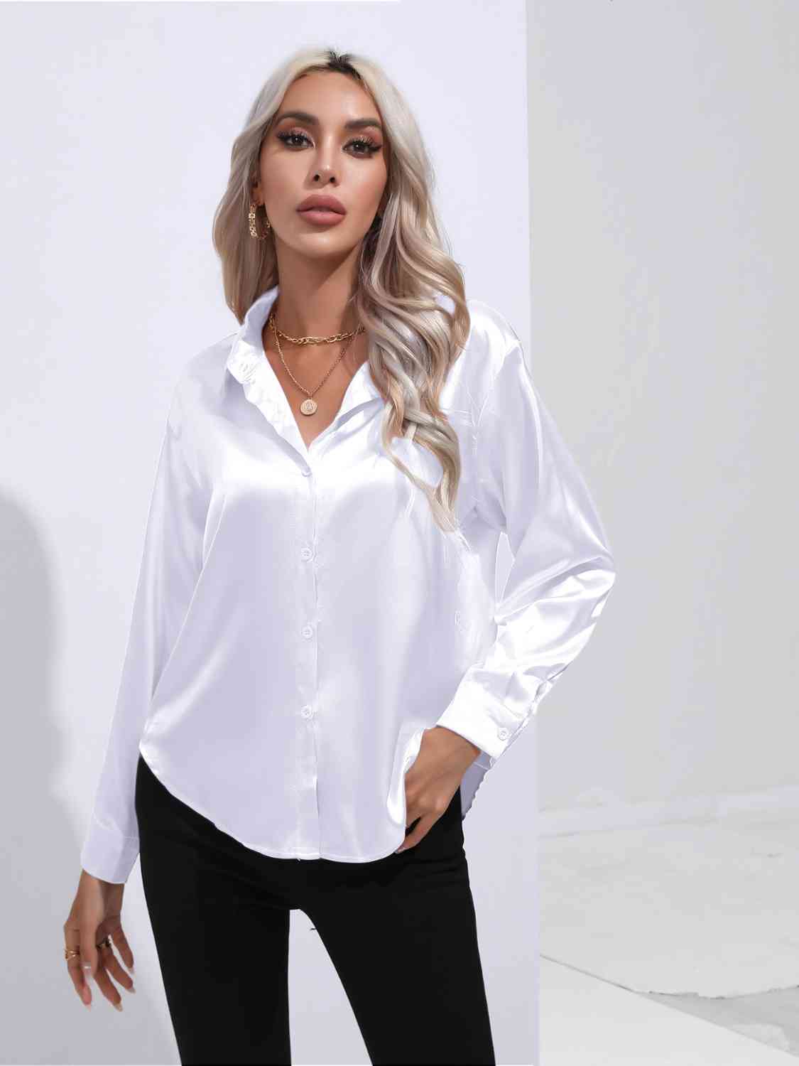 Light Gray Modern Times Collared Neck Buttoned Long Sleeve Shirt Satin Tops