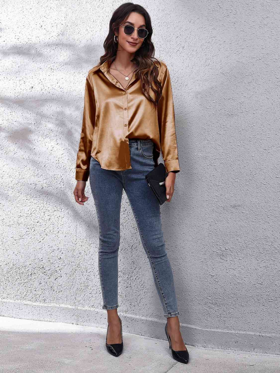 Gray That Girl Collared Neck Buttoned Long Sleeve Satin Shirt Long Sleeve Tops