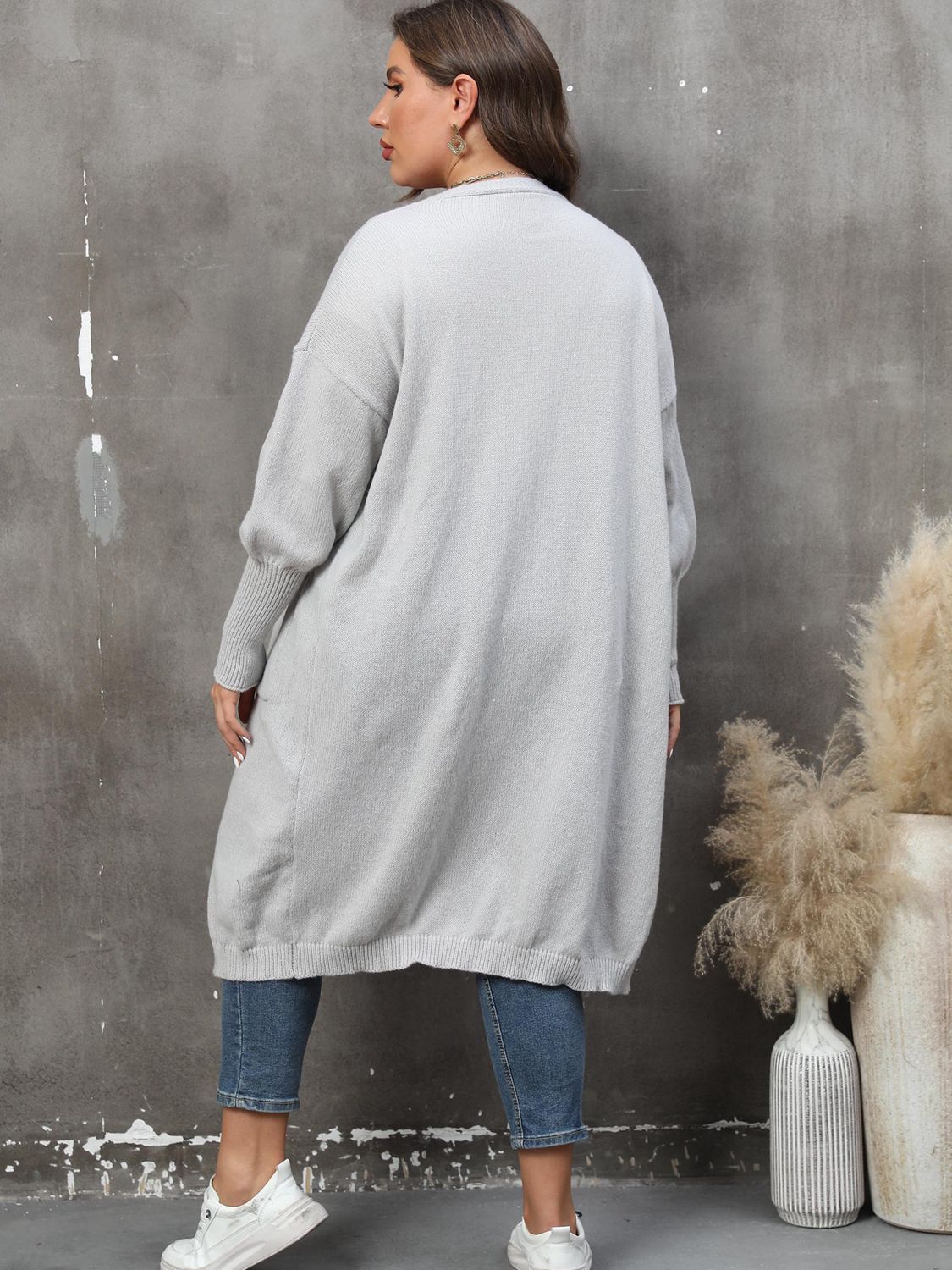 Light Slate Gray Plus Size Long Sleeve Pocketed Cardigan Clothing