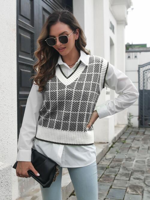 Gray Plaid V-Neck Sweater Vest Winter Accessories