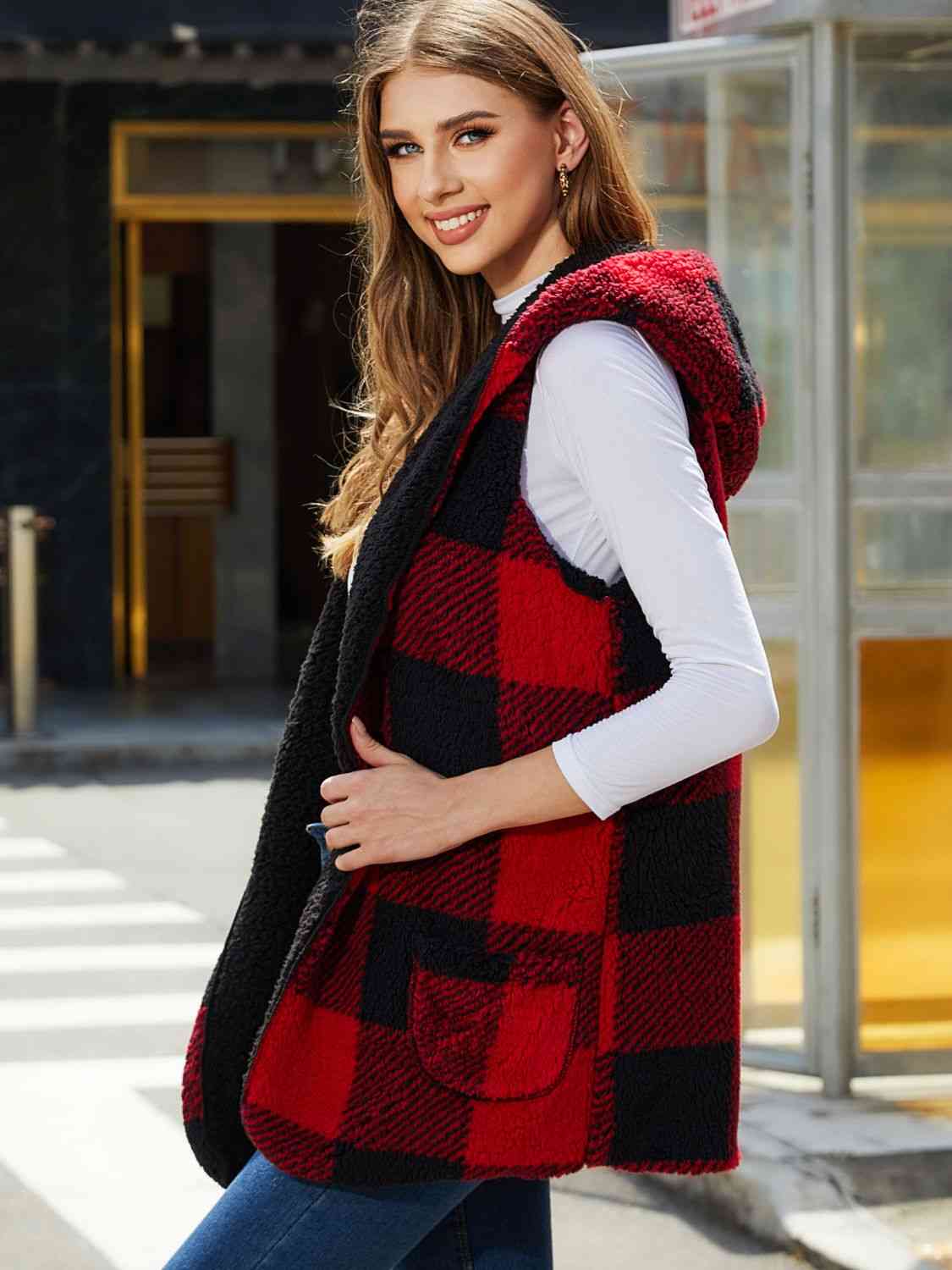 Black Plaid Hooded Vest Winter Accessories