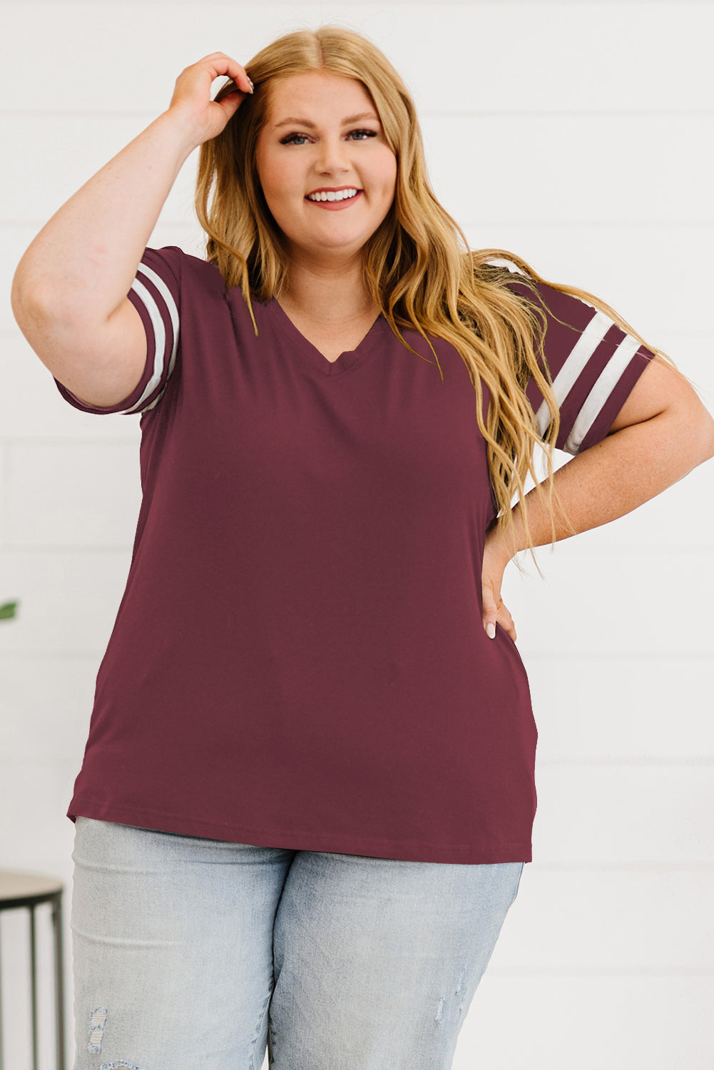 Light Gray Plus Size Striped V-Neck Tee Shirt Plus Size Clothes